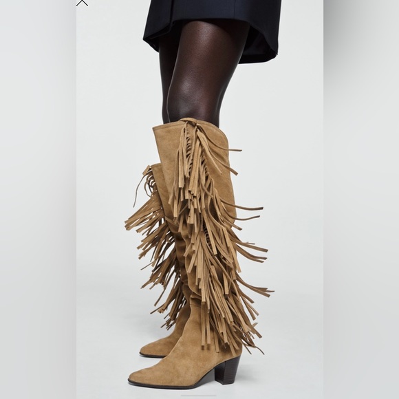 Zara Over the Knee Fringed Cowboy Boots, Size 40 Unworn (Fits size 8.5 / 9) - Picture 2 of 6